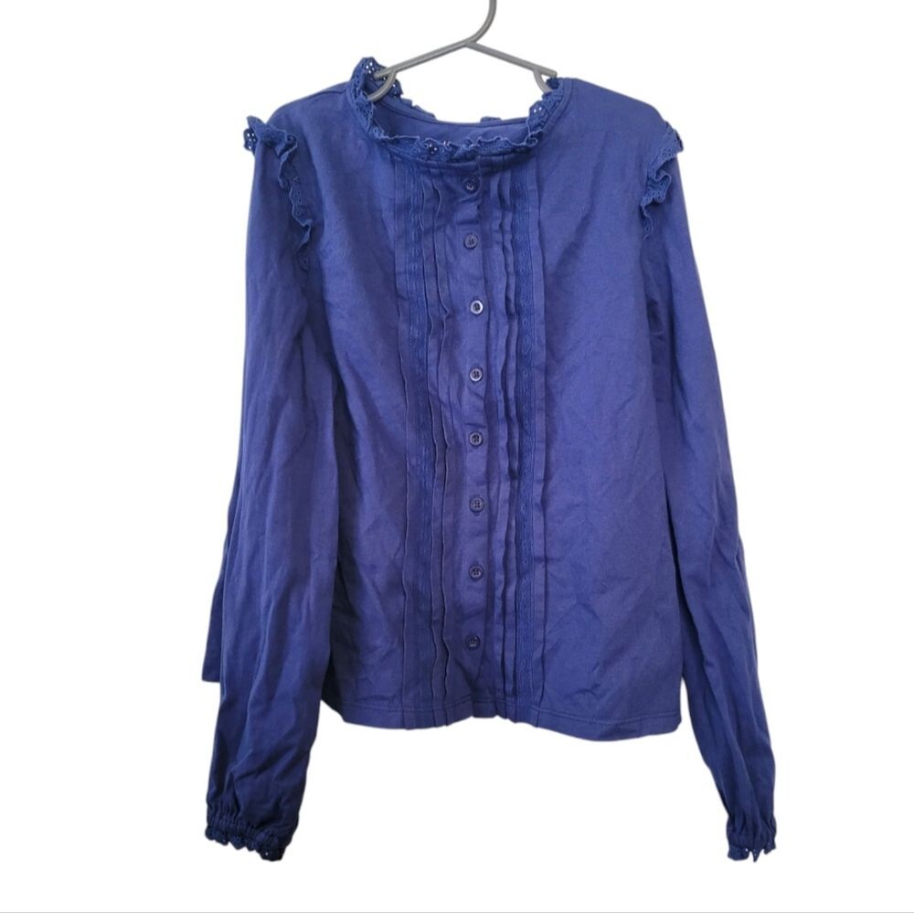 Boden Blue Button Down Top Lace Ruffle Size 9-10 Years Girls